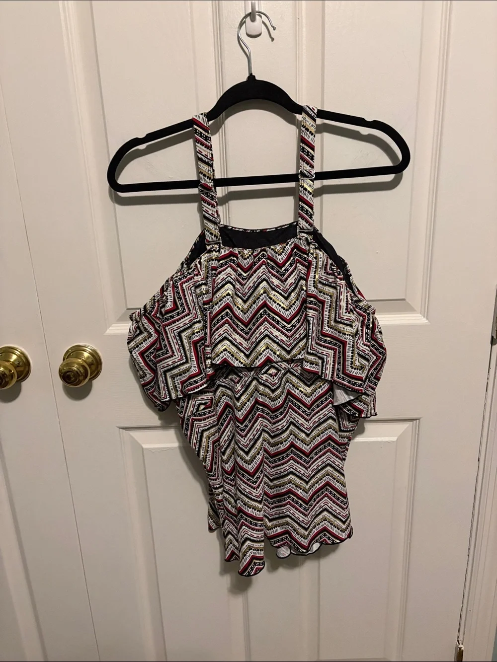 Swimsuits For All Chevron Off-Shoulder Swim Top in Black, White & Pink